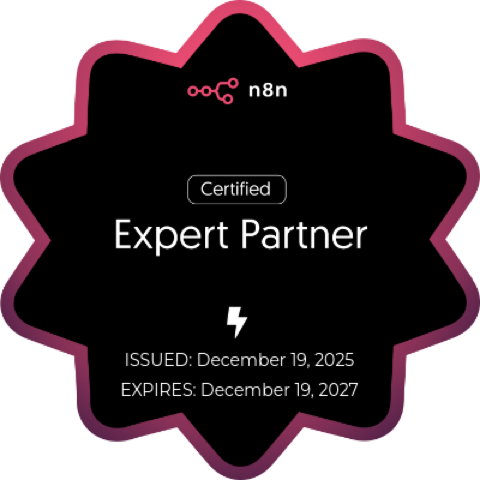 Selo n8n Certified Expert Partner, emitido em dezembro de 2025